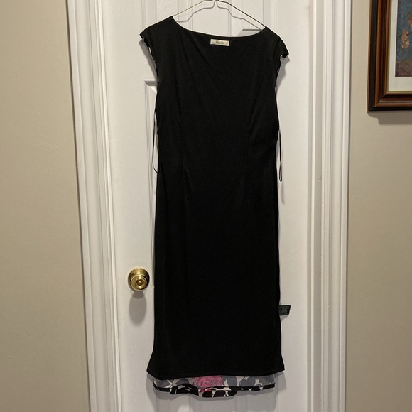 Precis Black Fuchsia White Cap Sleeve Ruched Boat Neck Midi Length Dress - Sz 10 - Picture 10 of 13